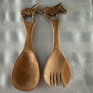 Hand Carved Wooden Serving Utensil Set Fork & Spoon Zebra